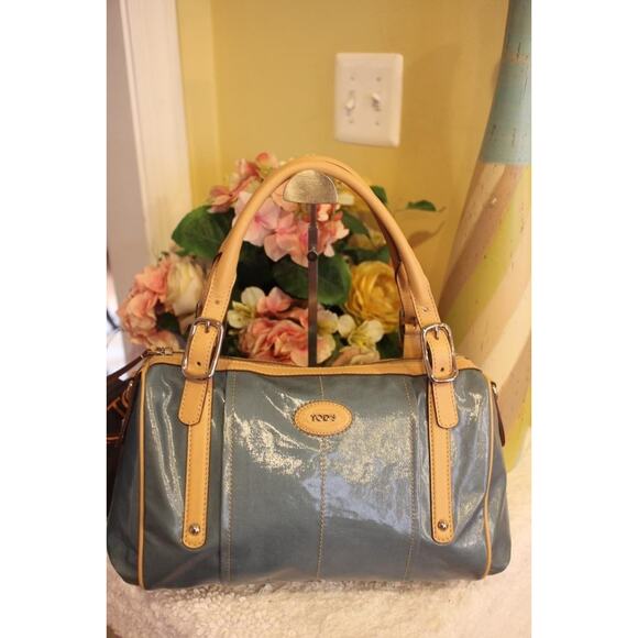 TOD'S GLINE BAULETTO GRANDE BLUE TAN SATCHEL BAG PURSE (120
